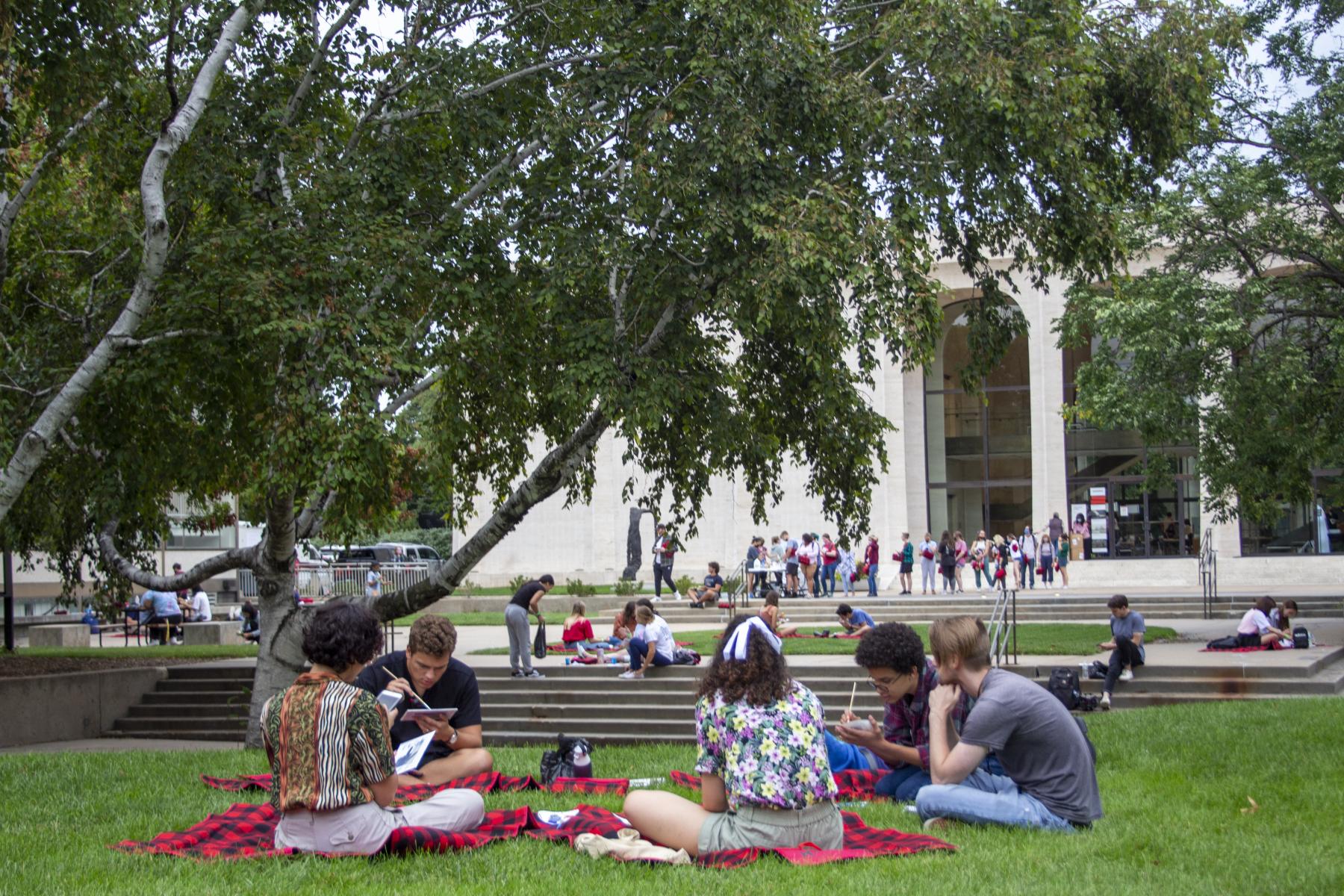 Students sit on blankets outdoors