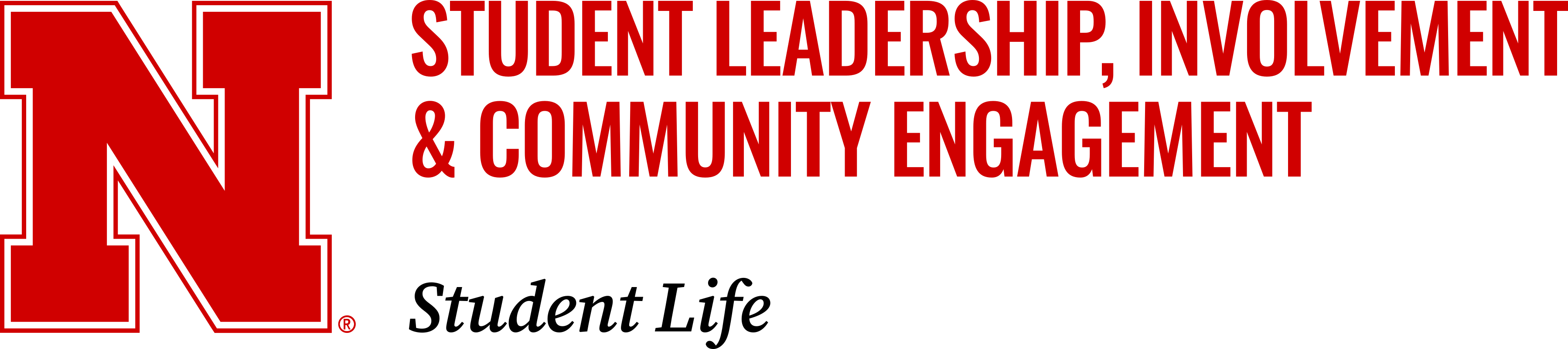 Red letter N with accompanying text reading “Student Leadership, Involvement &amp; Community Engagement.”