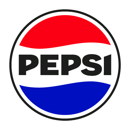 Pepsi logo with red, white, and blue wavy stripes and bold black text.