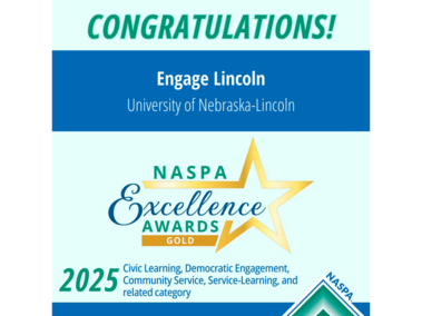 Badge for the Gold NASPA Excellence Award received by Engage Lincoln.