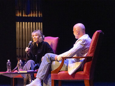 Jennette McCurdy, on stage with a discussion moderator, discusses her new book, Half His Age, in March 2026.  Photo by Jesus Soto.